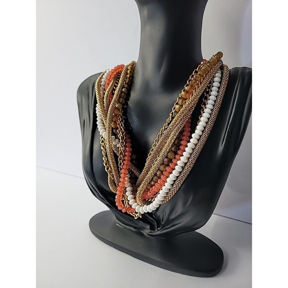 Vintage NY Necklace Multi Strand Beaded Chain Gold Tone Red Gold Twisted - Picture 8 of 14